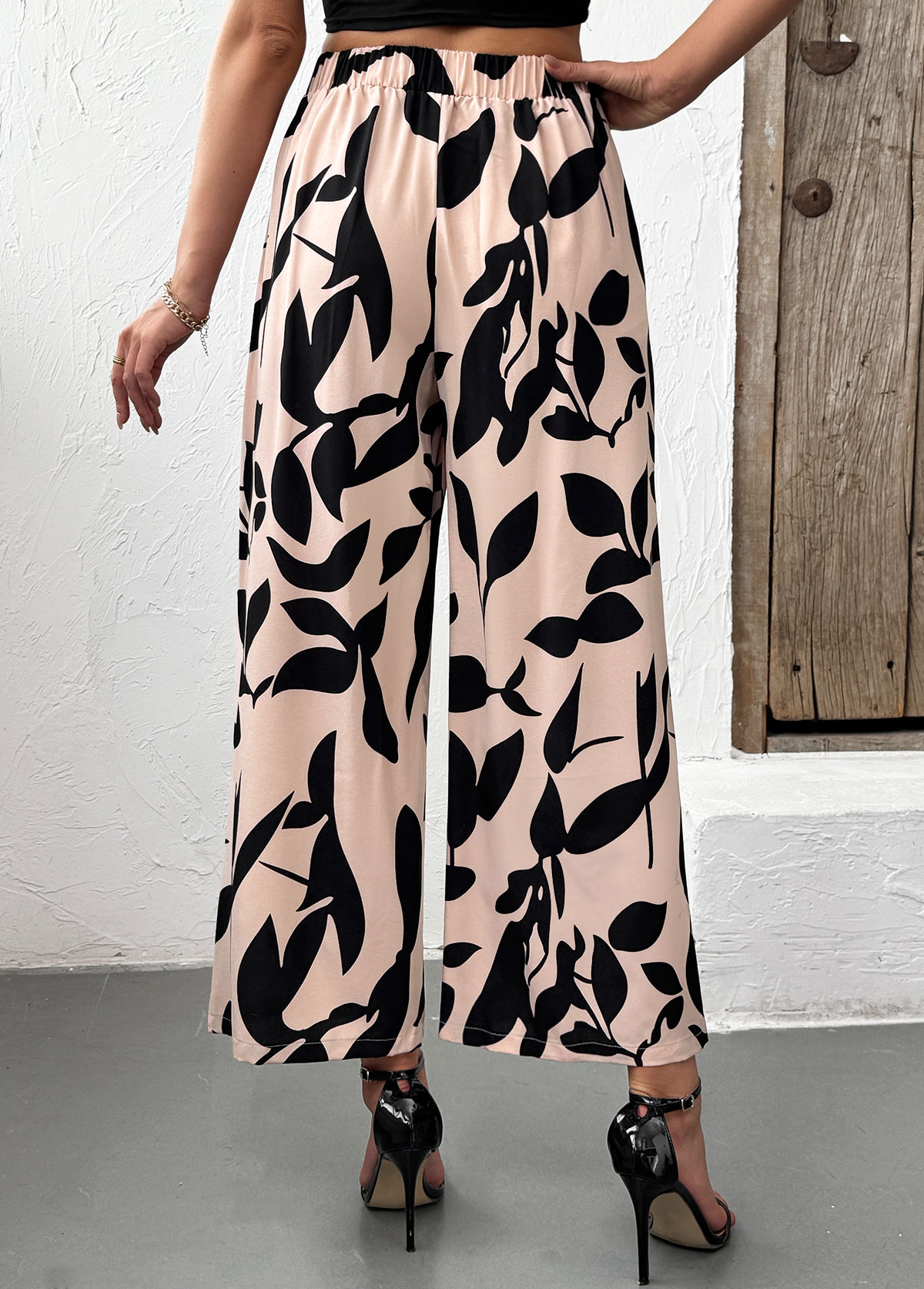 Light Camel Leaf Print Wide Leg Elastic Waist Pants | picture 
