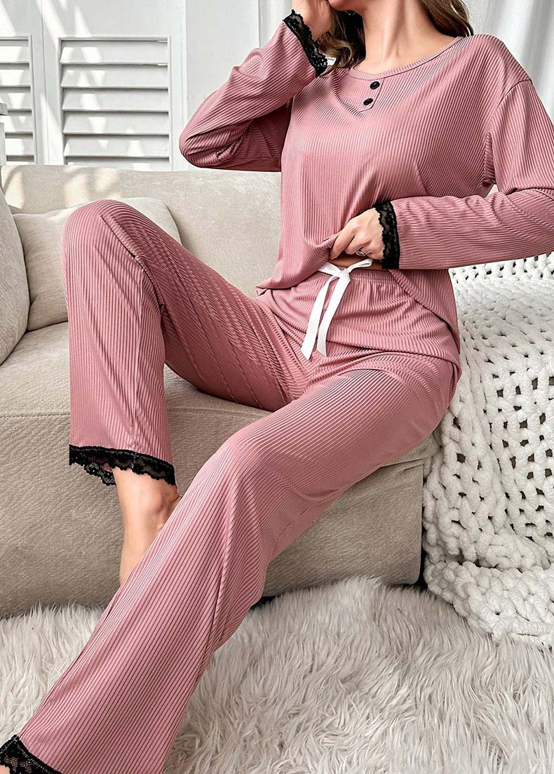 Pink Long Sleeve Round Neck Lounge Top and Pants | picture 