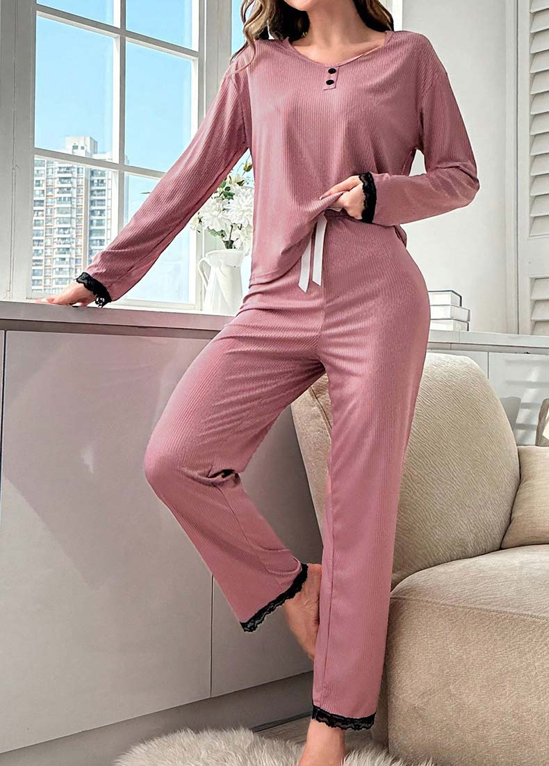 Pink Long Sleeve Round Neck Lounge Top and Pants | picture 