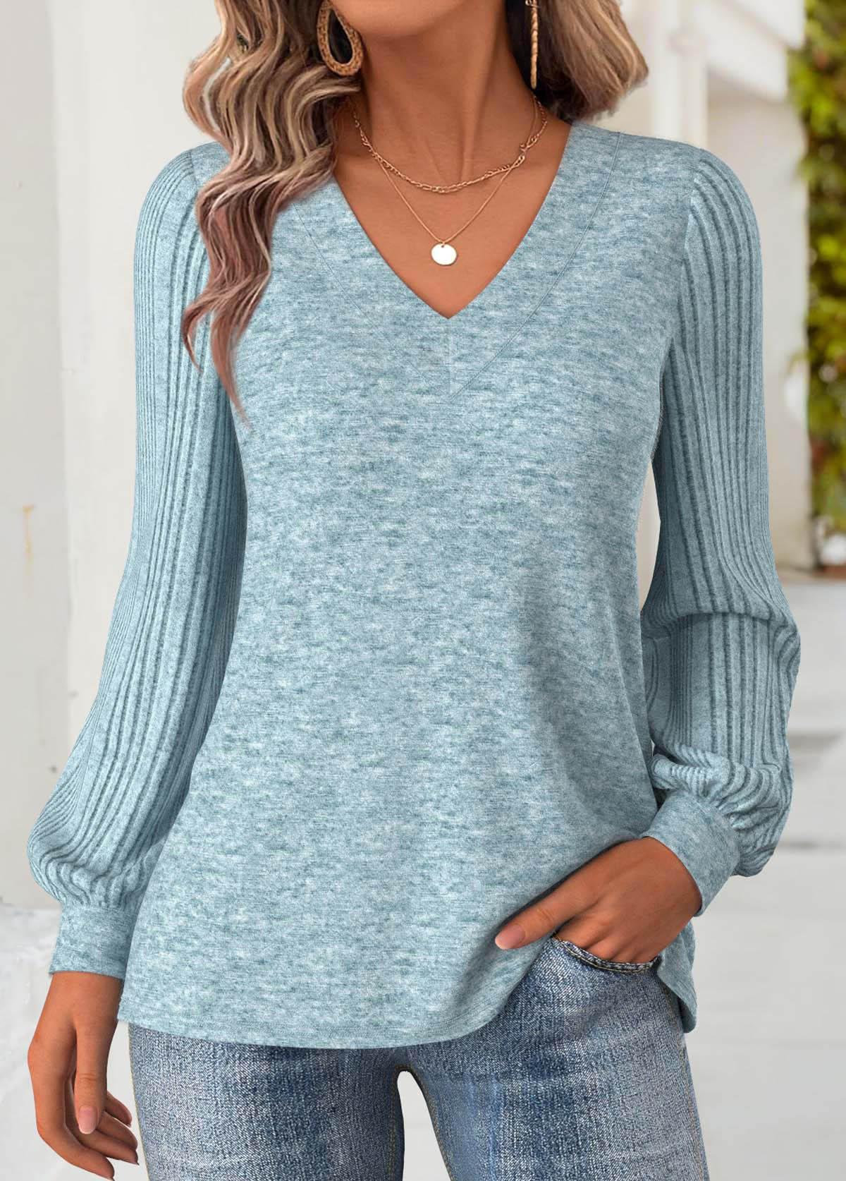 Dusty Blue Tummy Coverage Long Sleeve V Neck Sweatshirt | picture 