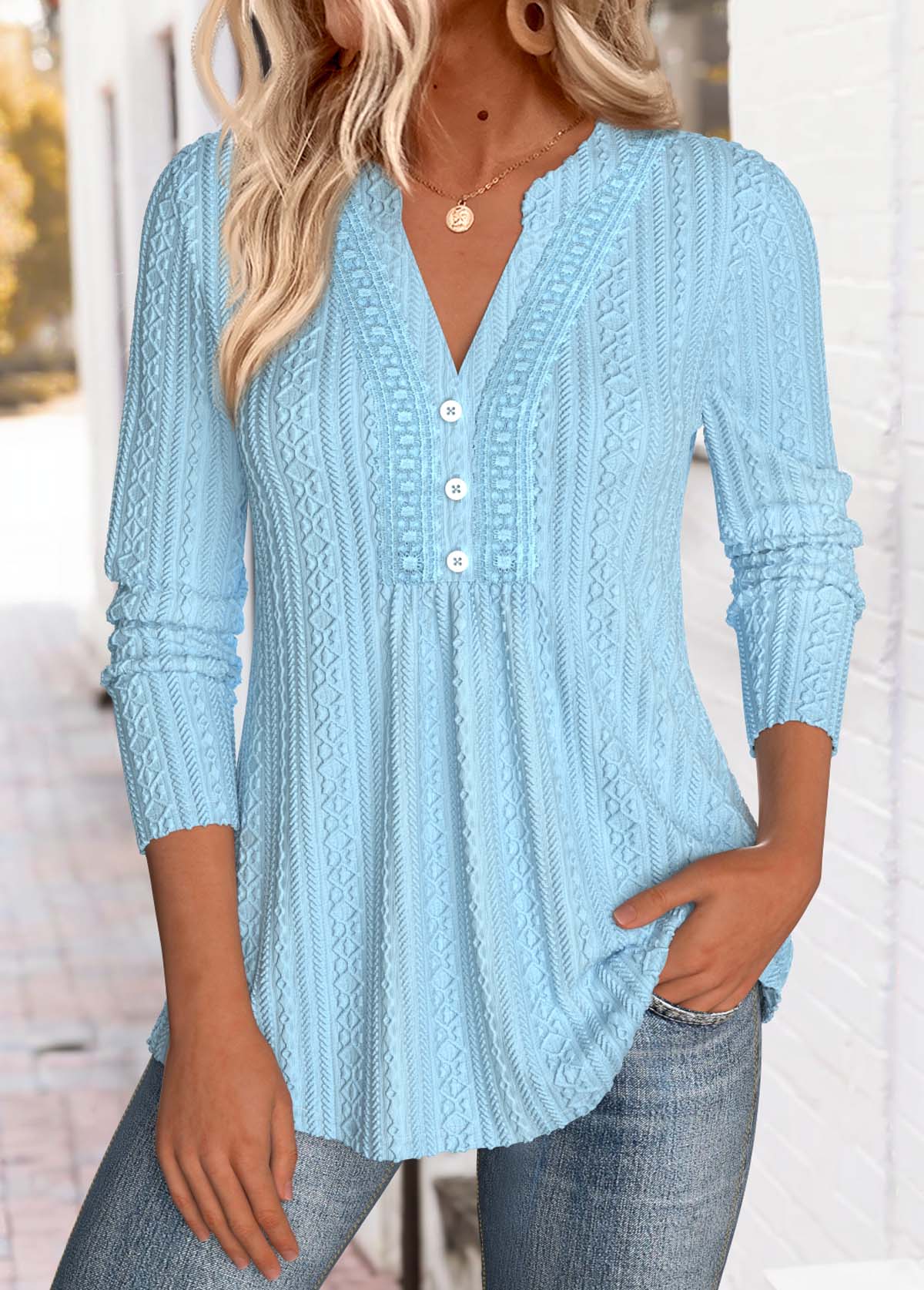 Blue Tummy Coverage Long Sleeve Split Neck Blouse | picture 