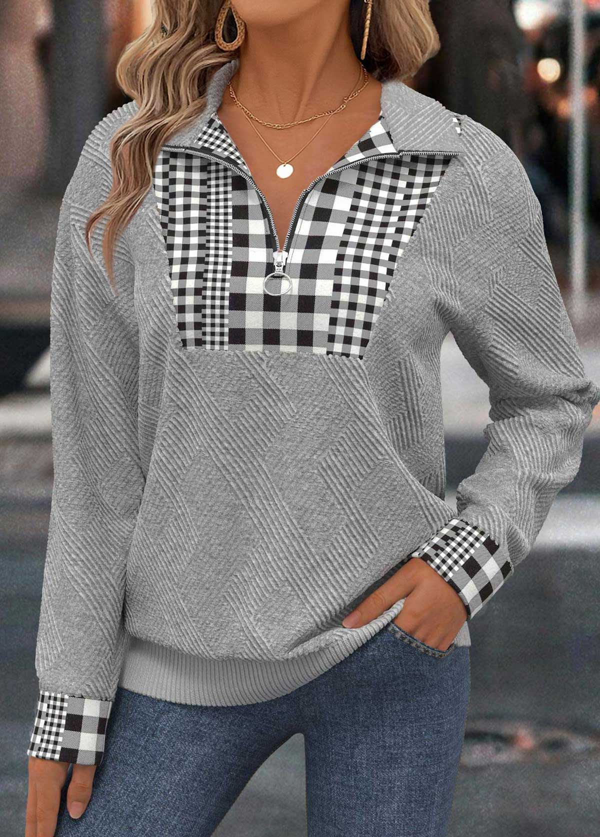 Light Grey Tummy Coverage Plaid Long Sleeve Sweatshirt | picture 