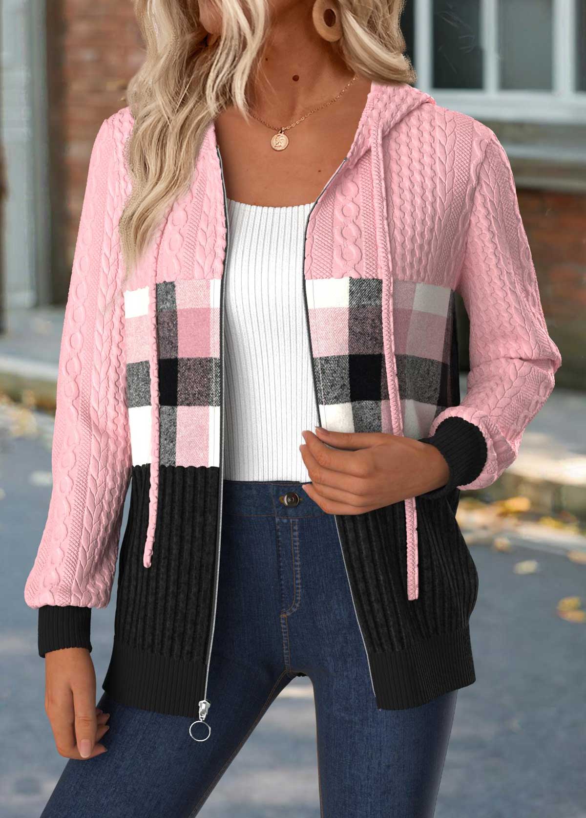 Light Pink Tummy Coverage Plaid Long Sleeve Hooded Coat | picture 