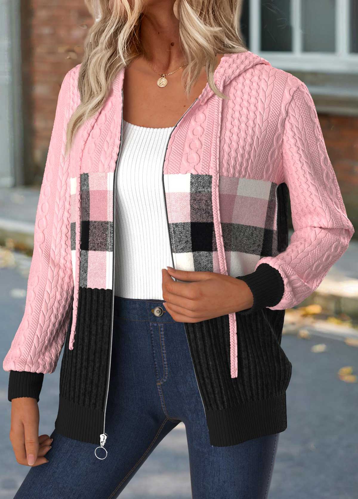 Light Pink Tummy Coverage Plaid Long Sleeve Hooded Coat | picture 