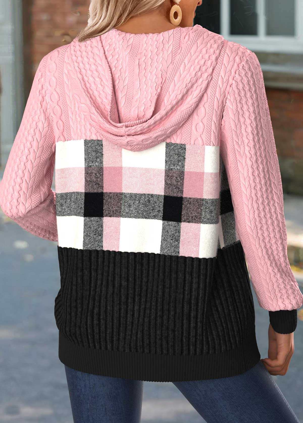 Light Pink Tummy Coverage Plaid Long Sleeve Hooded Coat | picture 