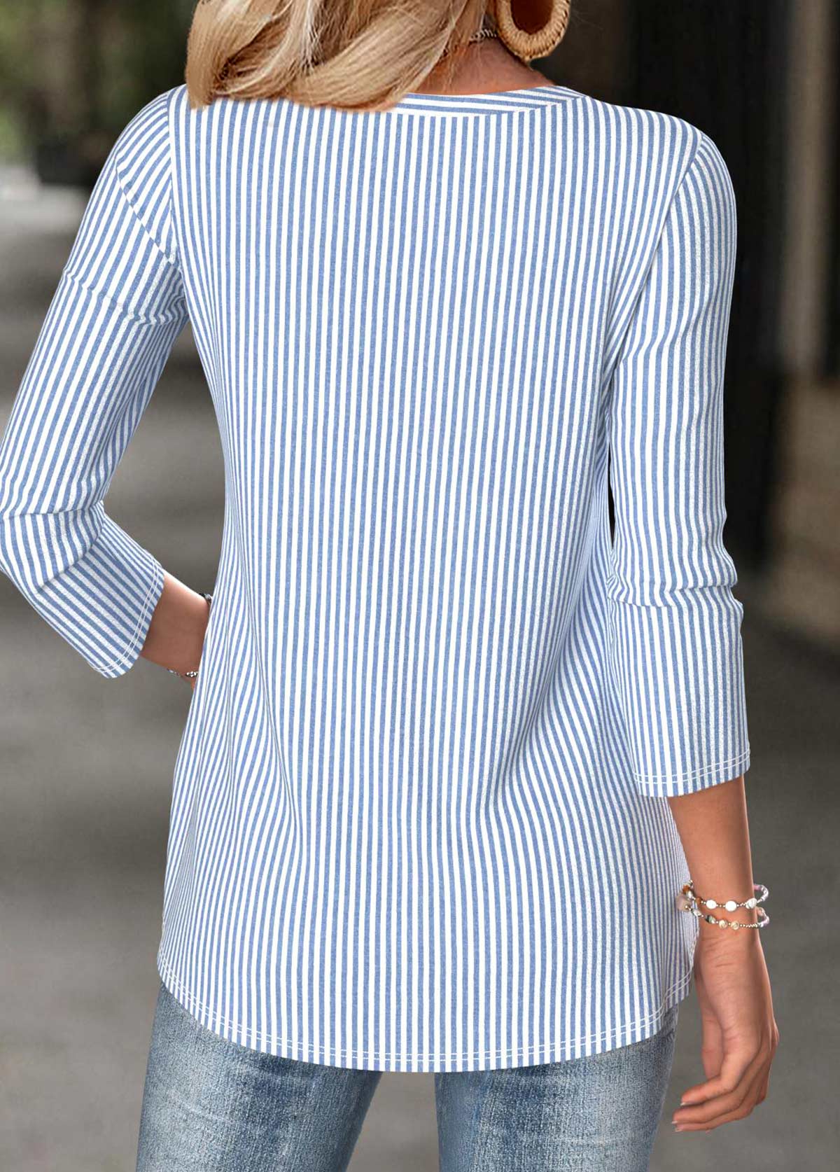 Light Blue Fake 2in1 Striped Long Sleeve T Shirt | picture 