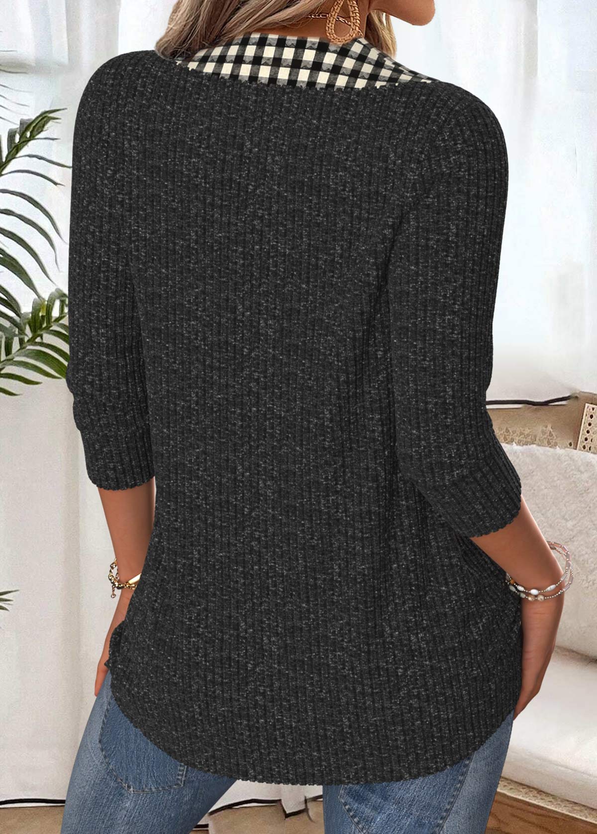 Black Tummy Coverage Plaid 3/4 Sleeve T Shirt | picture 