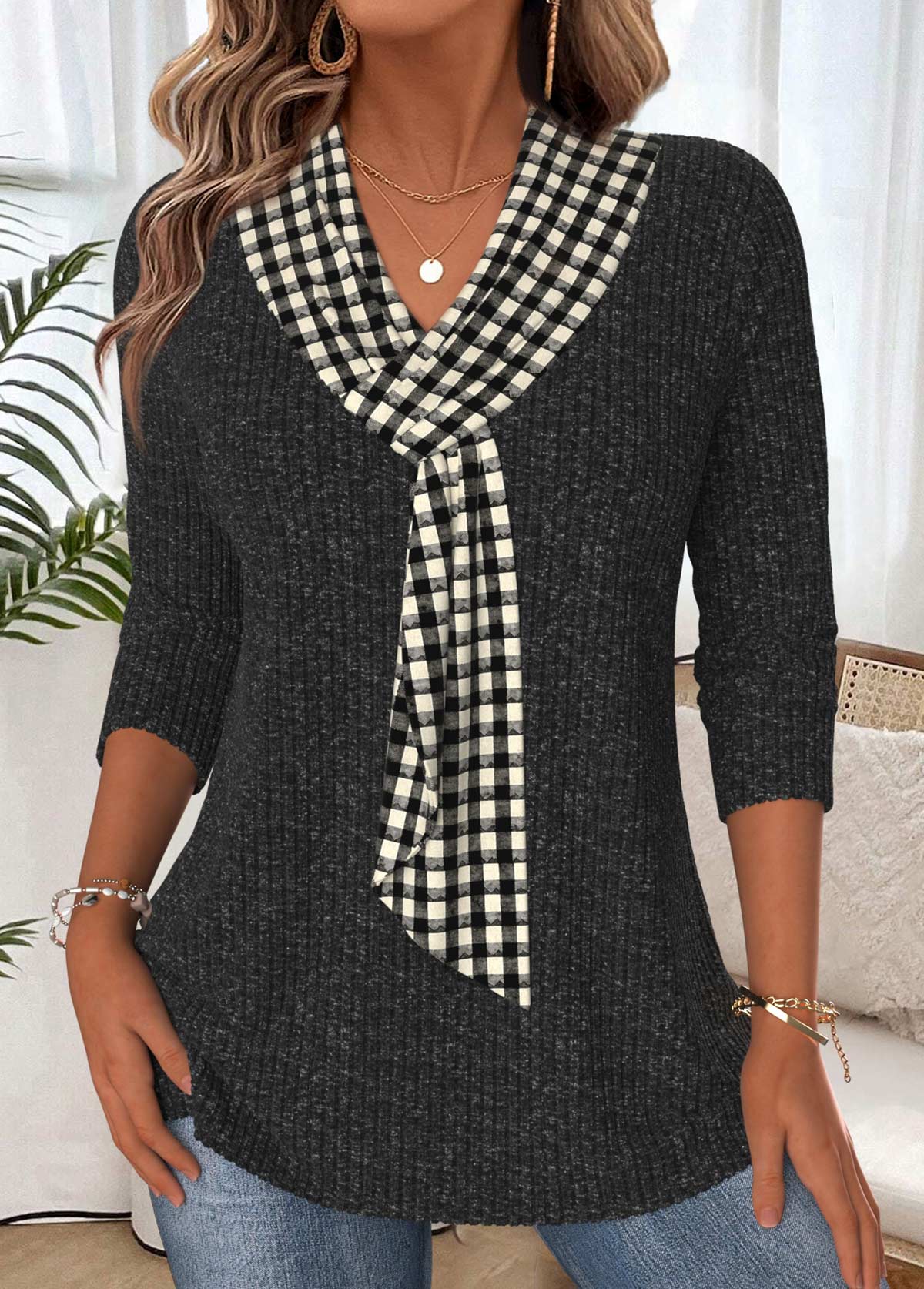 Black Tummy Coverage Plaid 3/4 Sleeve T Shirt | picture 