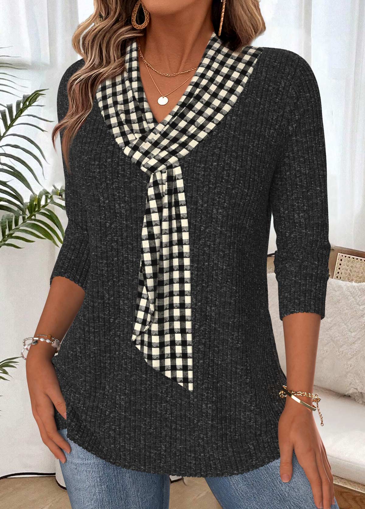 Black Tummy Coverage Plaid 3/4 Sleeve T Shirt | picture 