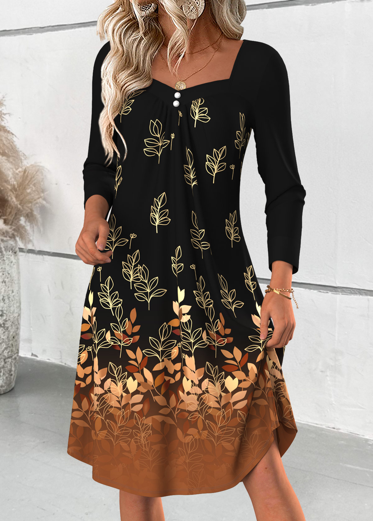 Modlily Black Tummy Coverage Leaf Print Long Sleeve Dress - XXL
