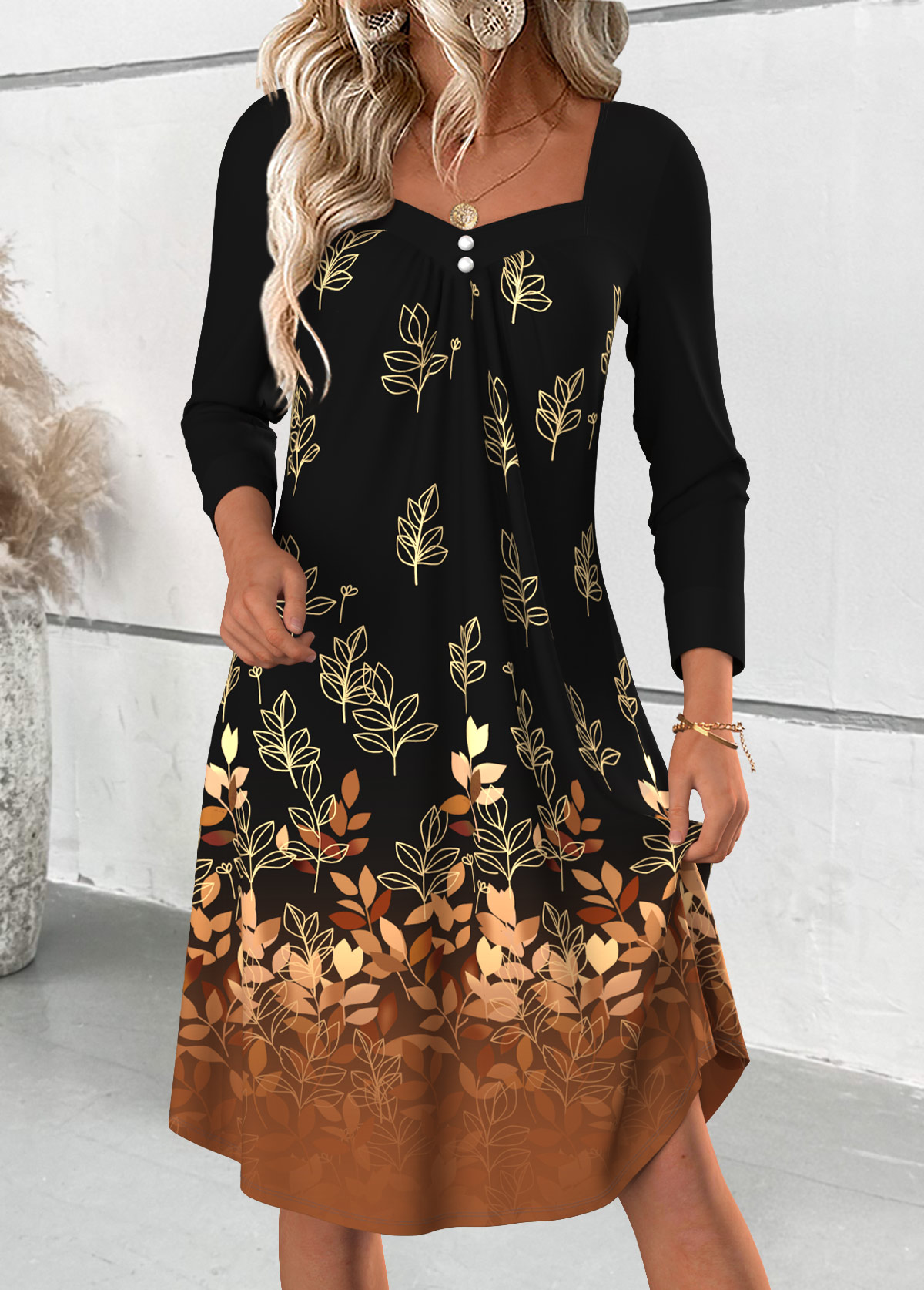 Black Tummy Coverage Leaf Print Long Sleeve Dress | picture 