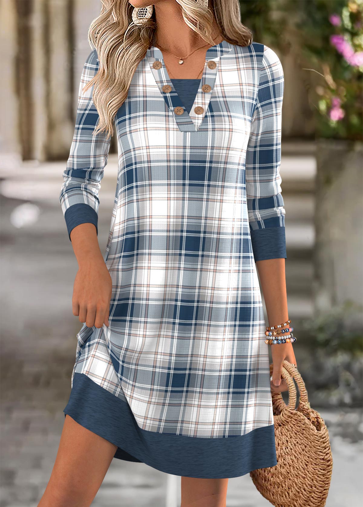 Dusty Blue Tummy Coverage Plaid Short Long Sleeve Dress | picture 