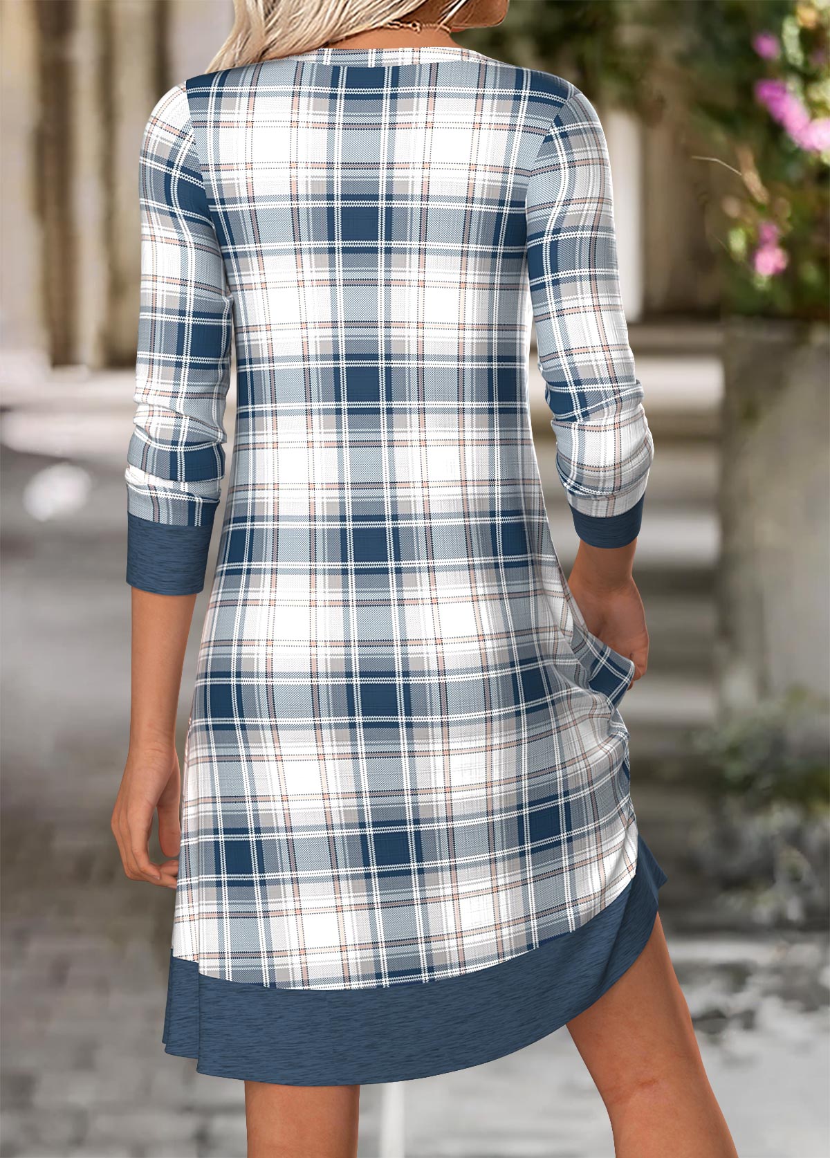 Dusty Blue Tummy Coverage Plaid Short Long Sleeve Dress | picture 