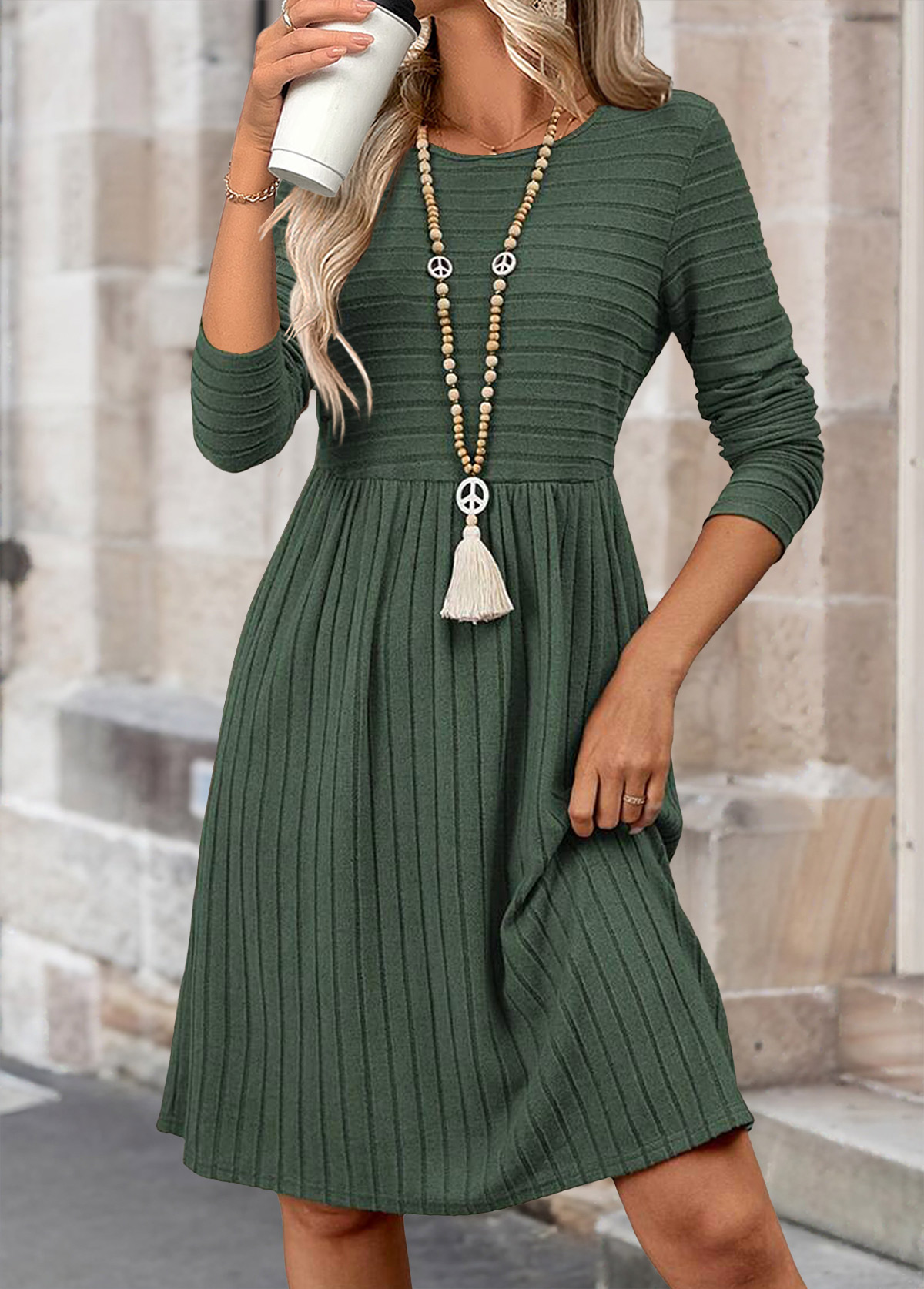 Sage Green Tummy Coverage Long Sleeve Round Neck Dress | picture 
