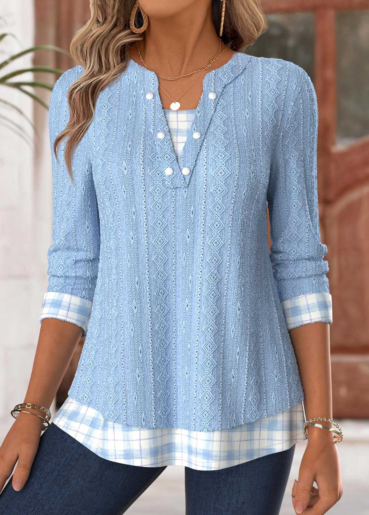 Light Blue Tummy Coverage Plaid Long Sleeve T Shirt | picture 