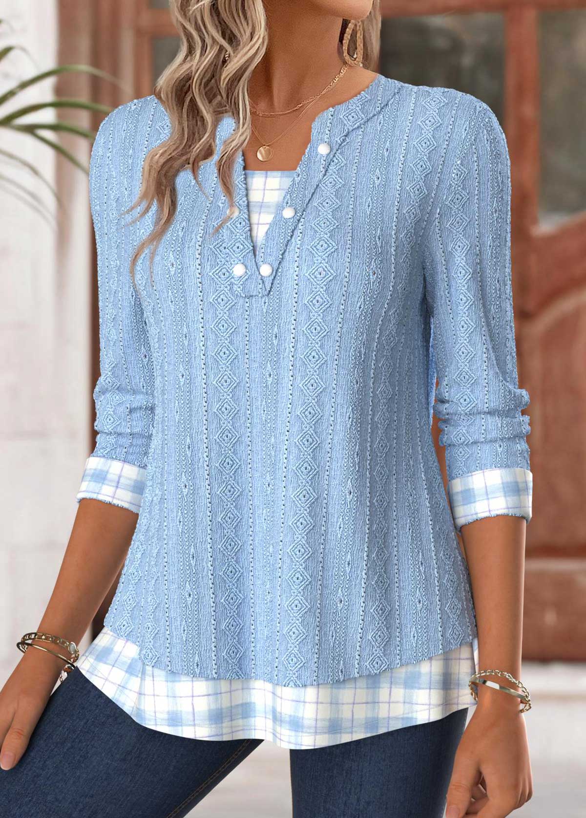 Light Blue Tummy Coverage Plaid Long Sleeve T Shirt | picture 
