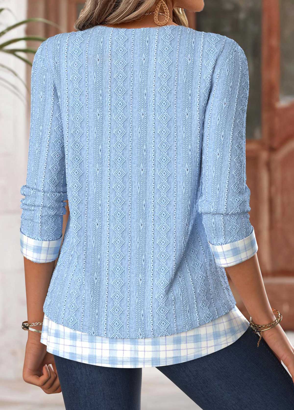 Light Blue Tummy Coverage Plaid Long Sleeve T Shirt | picture 
