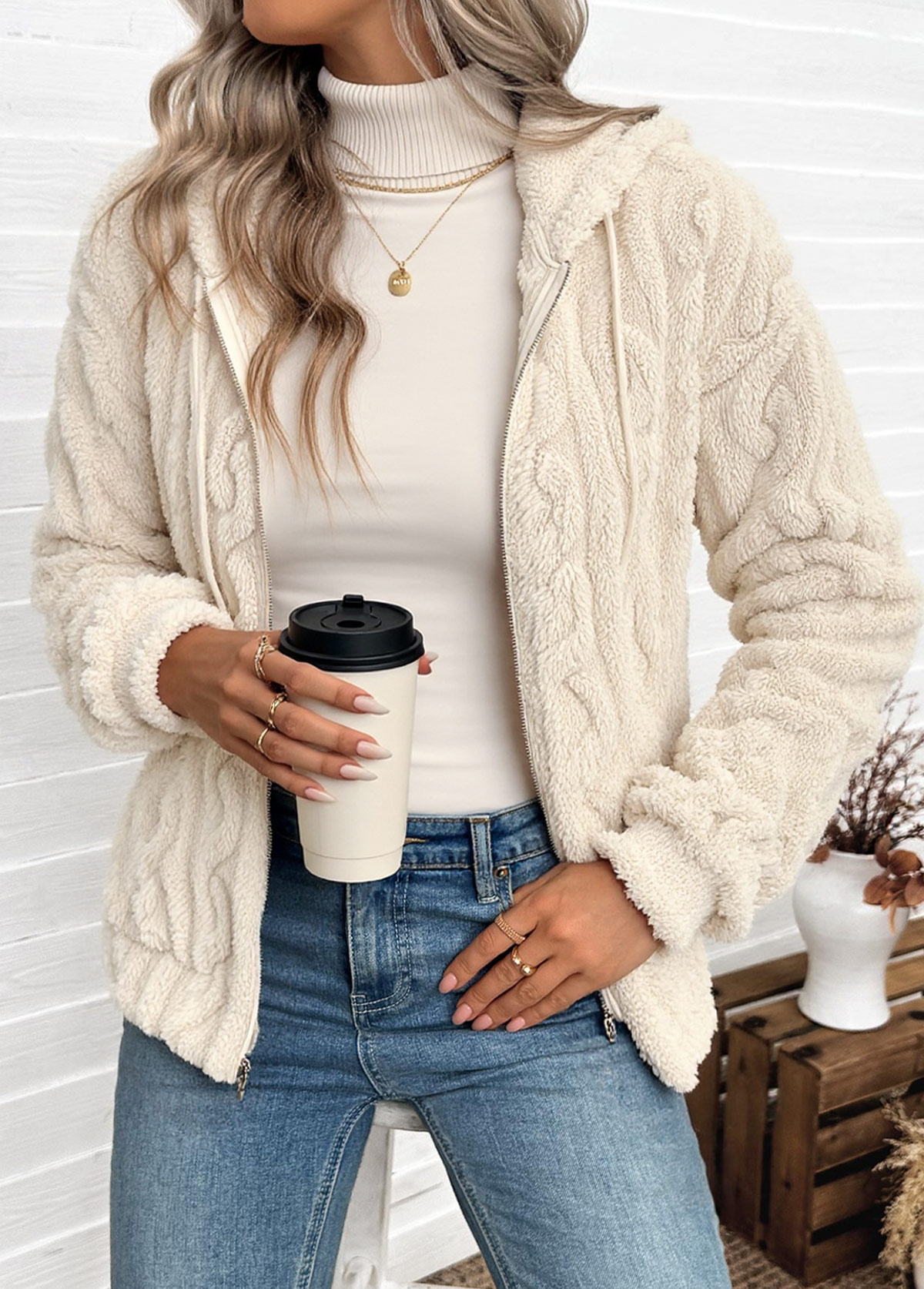 Beige Tummy Coverage Long Sleeve Hooded Coat | picture 