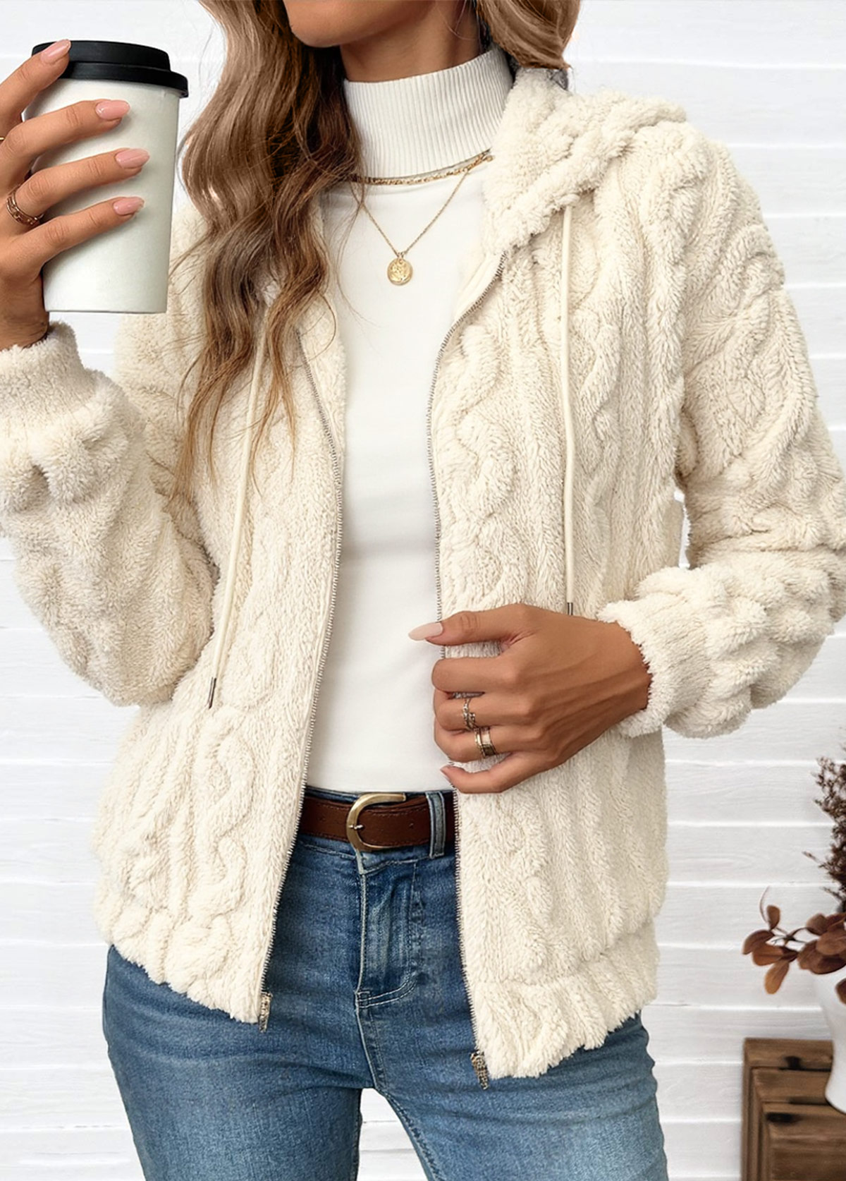 Beige Tummy Coverage Long Sleeve Hooded Coat | picture 