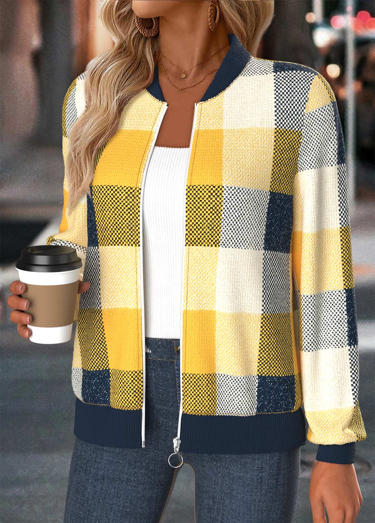 Multi Color Tummy Coverage Plaid Long Sleeve Jacket | picture 