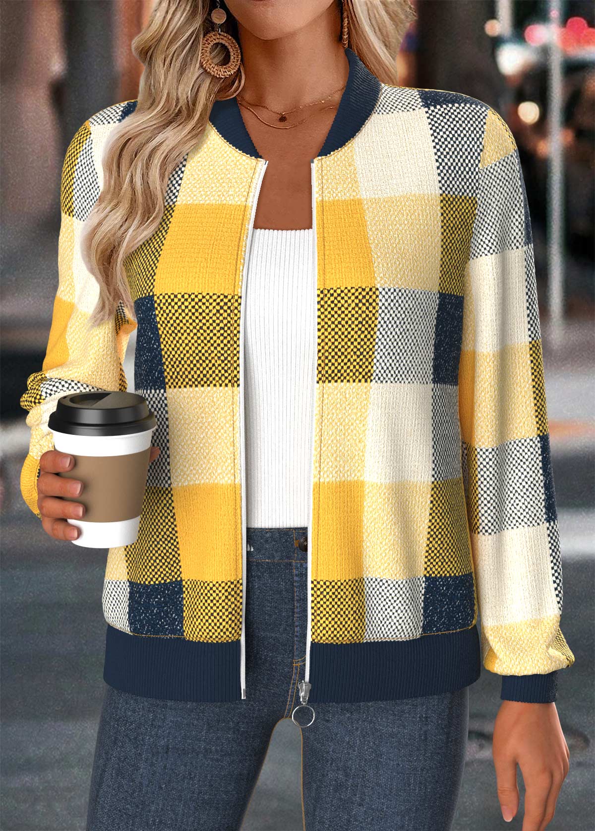 Multi Color Tummy Coverage Plaid Long Sleeve Jacket | picture 