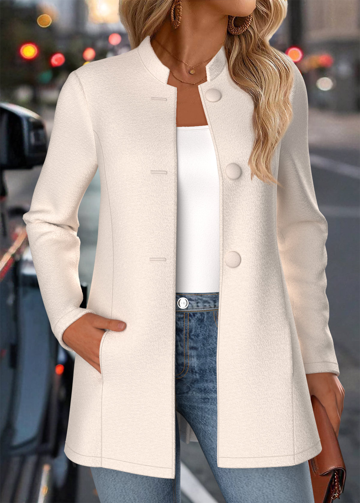 Beige Tummy Coverage Long Sleeve Stand Collar Coat | picture 