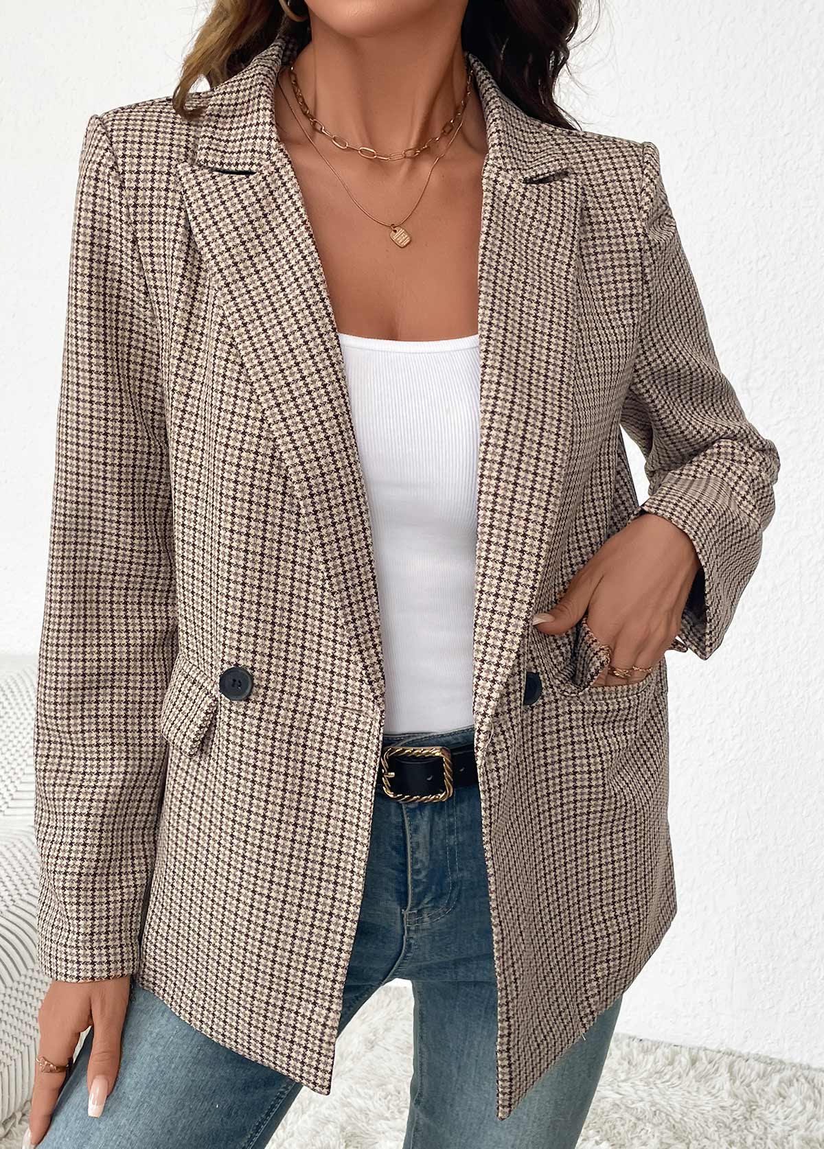 Light Coffee Double Side Pockets Plaid Long Sleeve Blazer | picture 