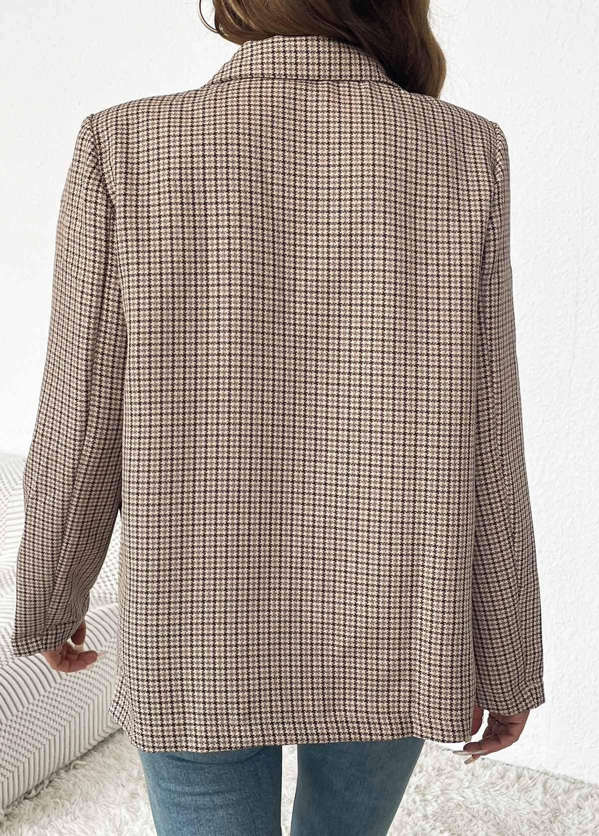 Light Coffee Double Side Pockets Plaid Long Sleeve Blazer | picture 