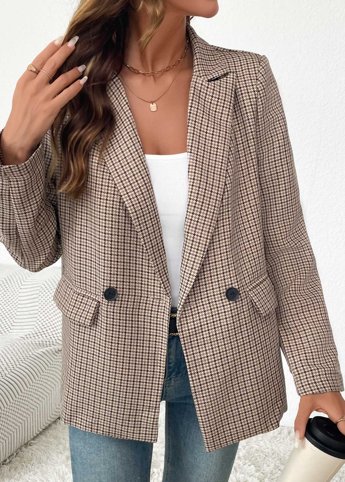 Light Coffee Double Side Pockets Plaid Long Sleeve Blazer | picture 