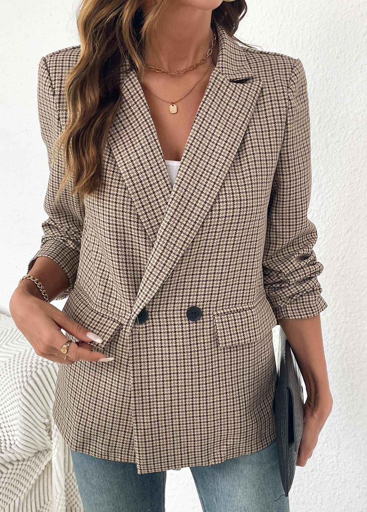 Light Coffee Double Side Pockets Plaid Long Sleeve Blazer | picture 