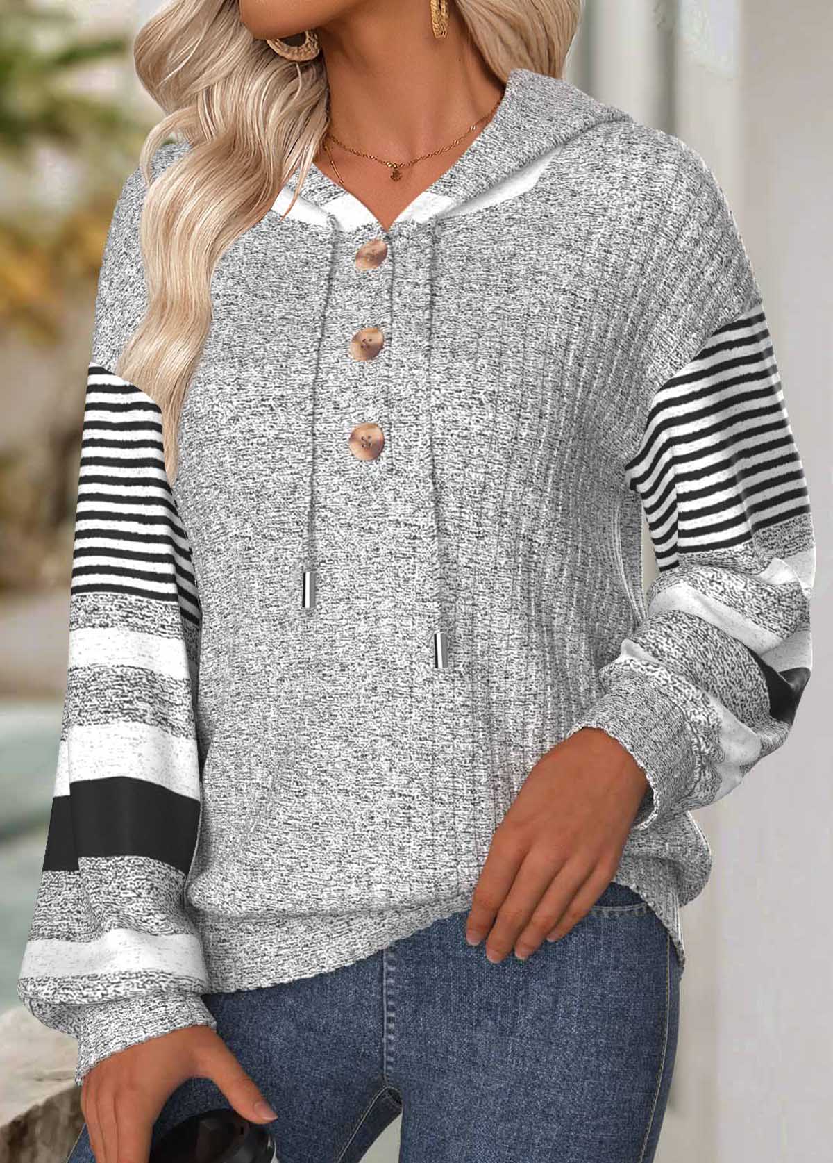 Light Grey Tummy Coverage Striped Long Sleeve Hoodie | picture 