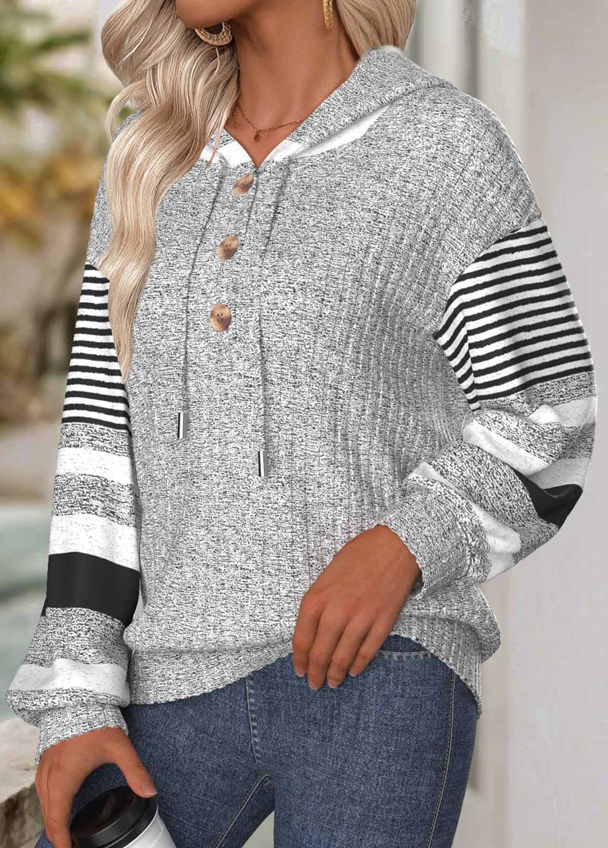 Light Grey Tummy Coverage Striped Long Sleeve Hoodie | picture 