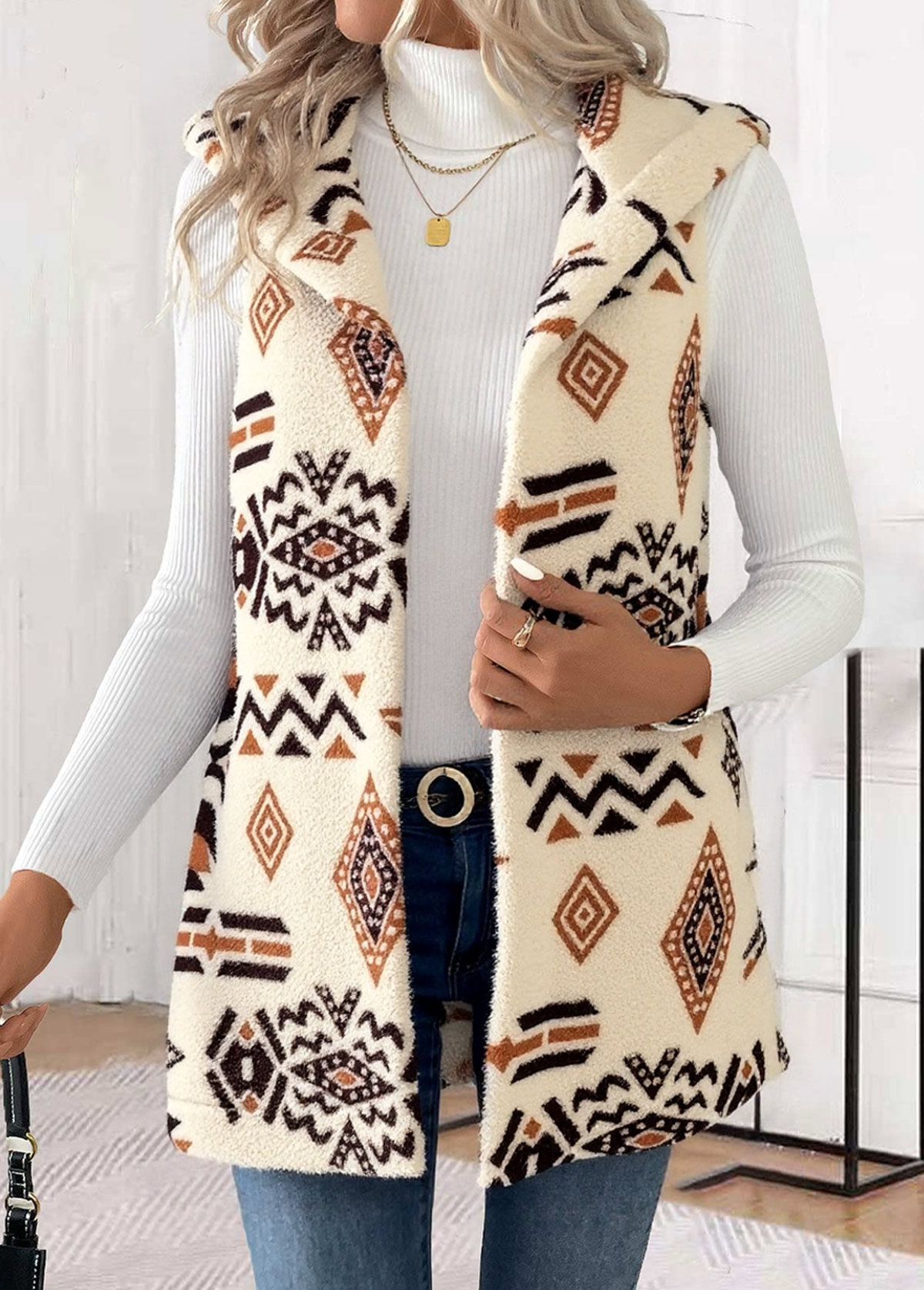 Modlily Beige Patchwork Tribal Print Sleeveless Waistcoat - XXL