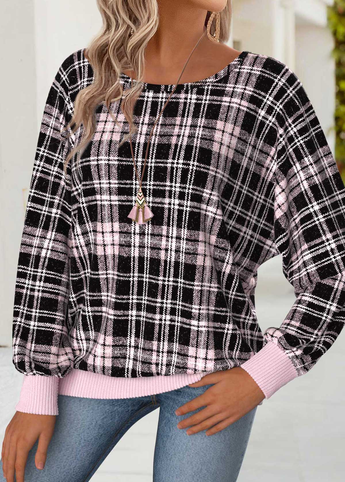 Light Pink Tummy Coverage Plaid Long Sleeve T Shirt | picture 