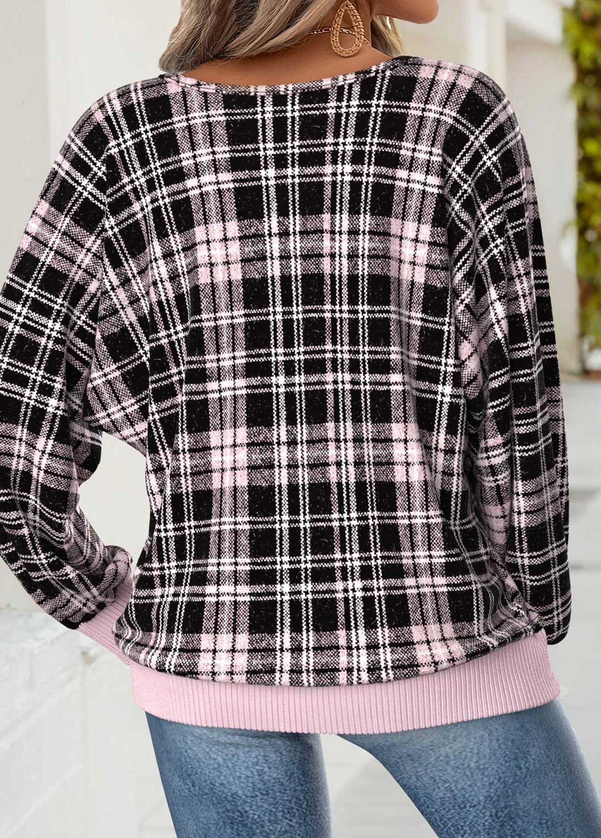 Light Pink Tummy Coverage Plaid Long Sleeve T Shirt | picture 