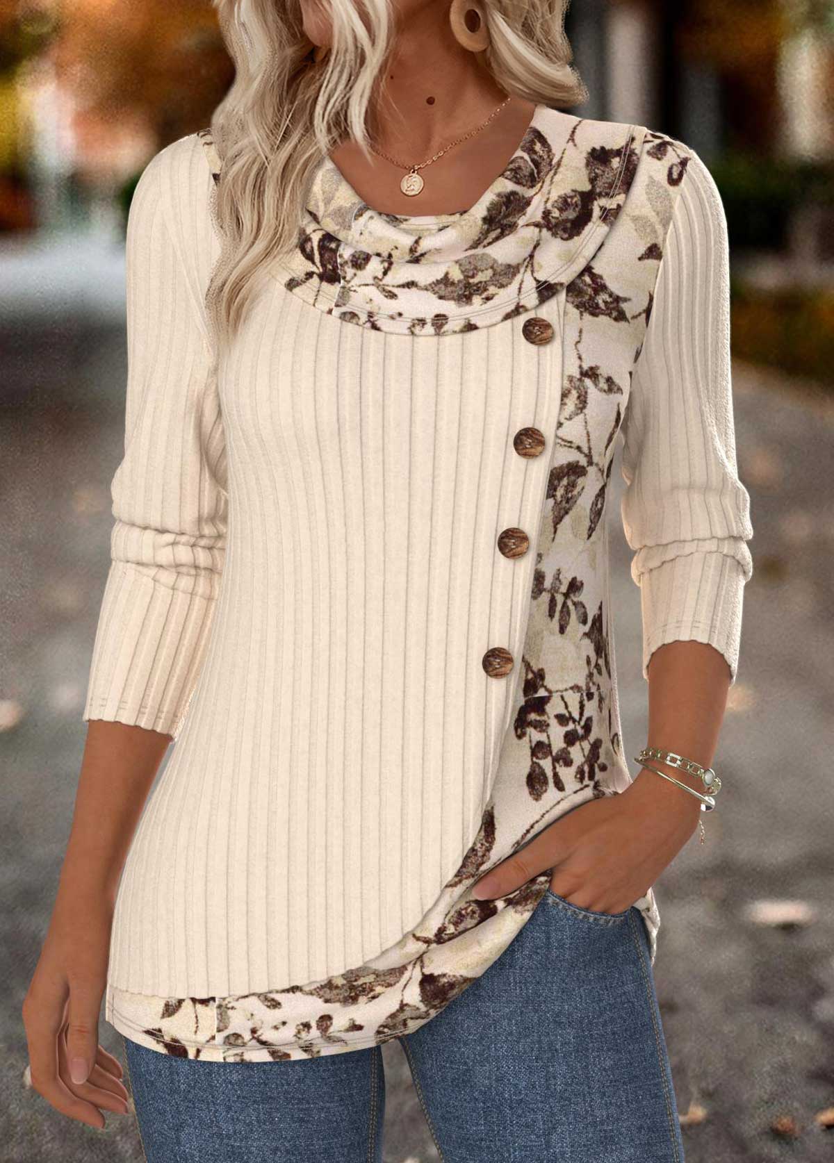 Beige Tummy Coverage Floral Print Long Sleeve T Shirt | picture 