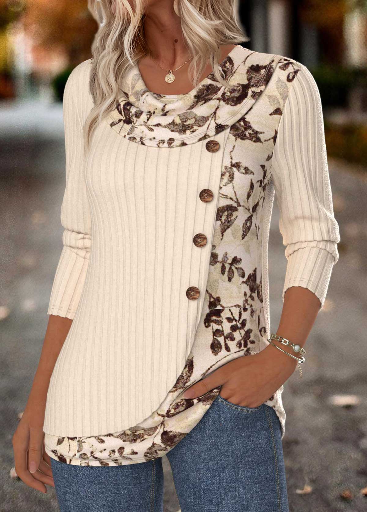 Beige Tummy Coverage Floral Print Long Sleeve T Shirt | picture 