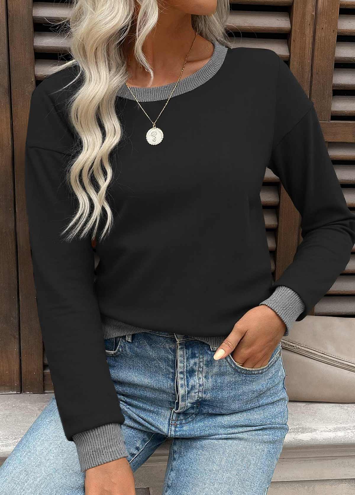 Black Tummy Coverage Long Sleeve Round Neck Sweatshirt | picture 