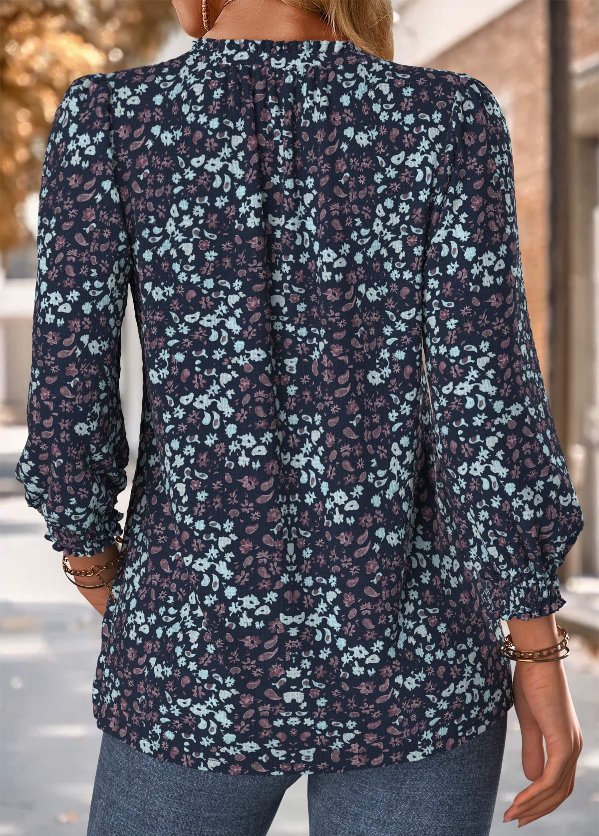 Navy Frill Floral Print Long Sleeve V Neck Blouse | picture 