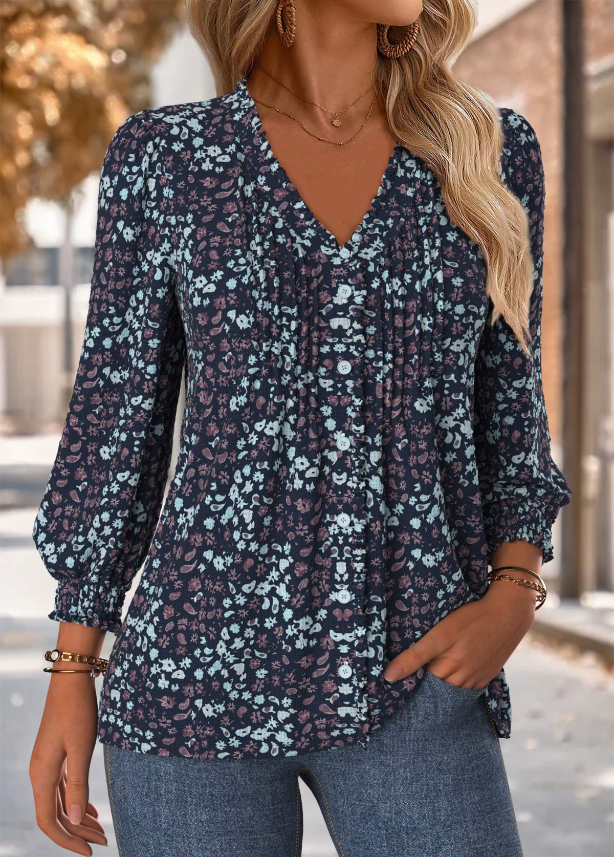 Navy Frill Floral Print Long Sleeve V Neck Blouse | picture 