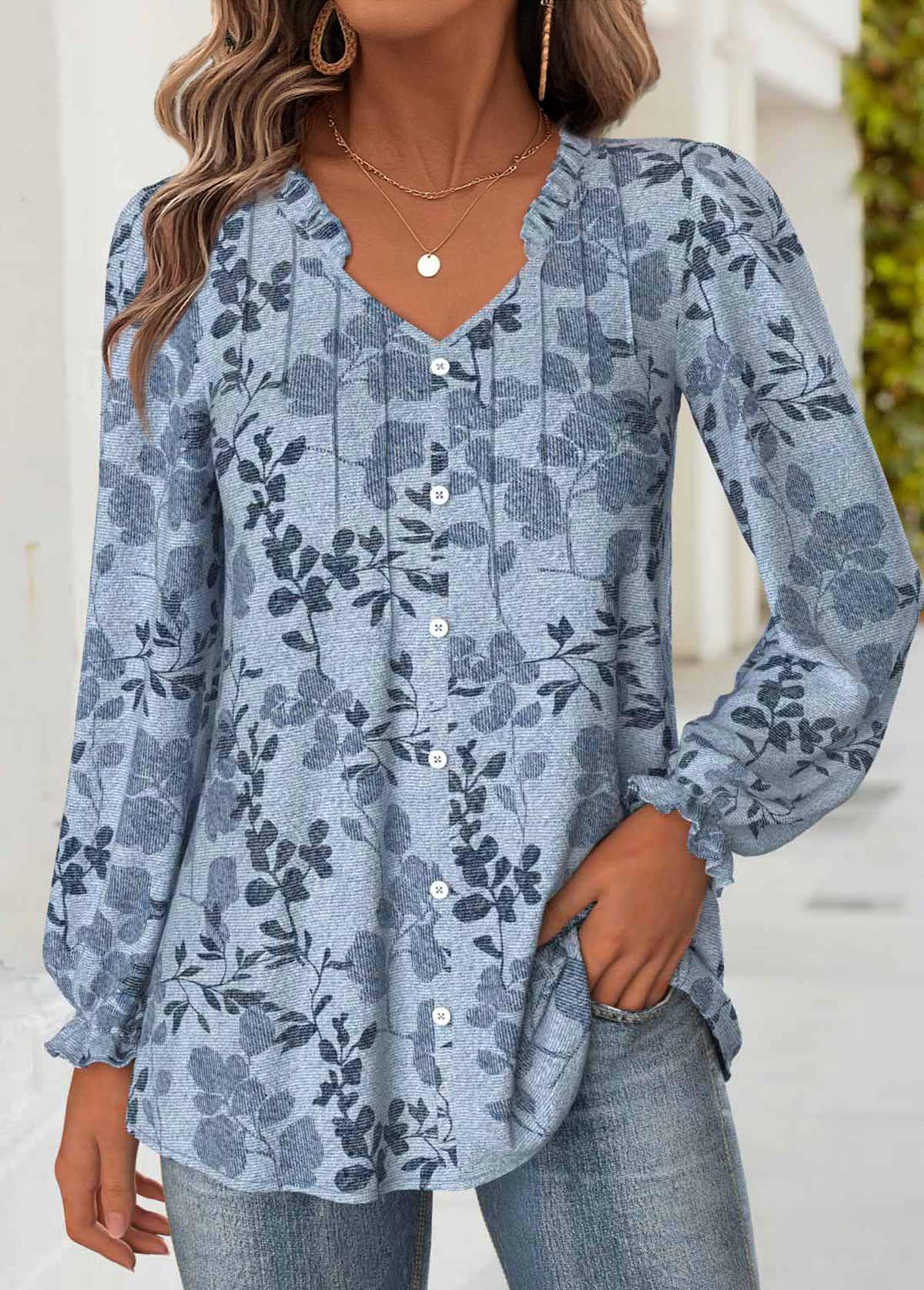 Denim Blue Tummy Coverage Leaf Print Long Sleeve Blouse | picture 