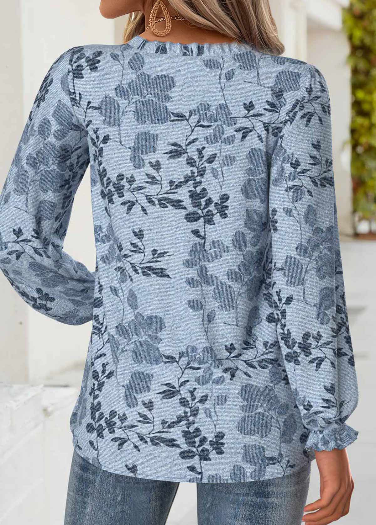 Denim Blue Tummy Coverage Leaf Print Long Sleeve Blouse | picture 