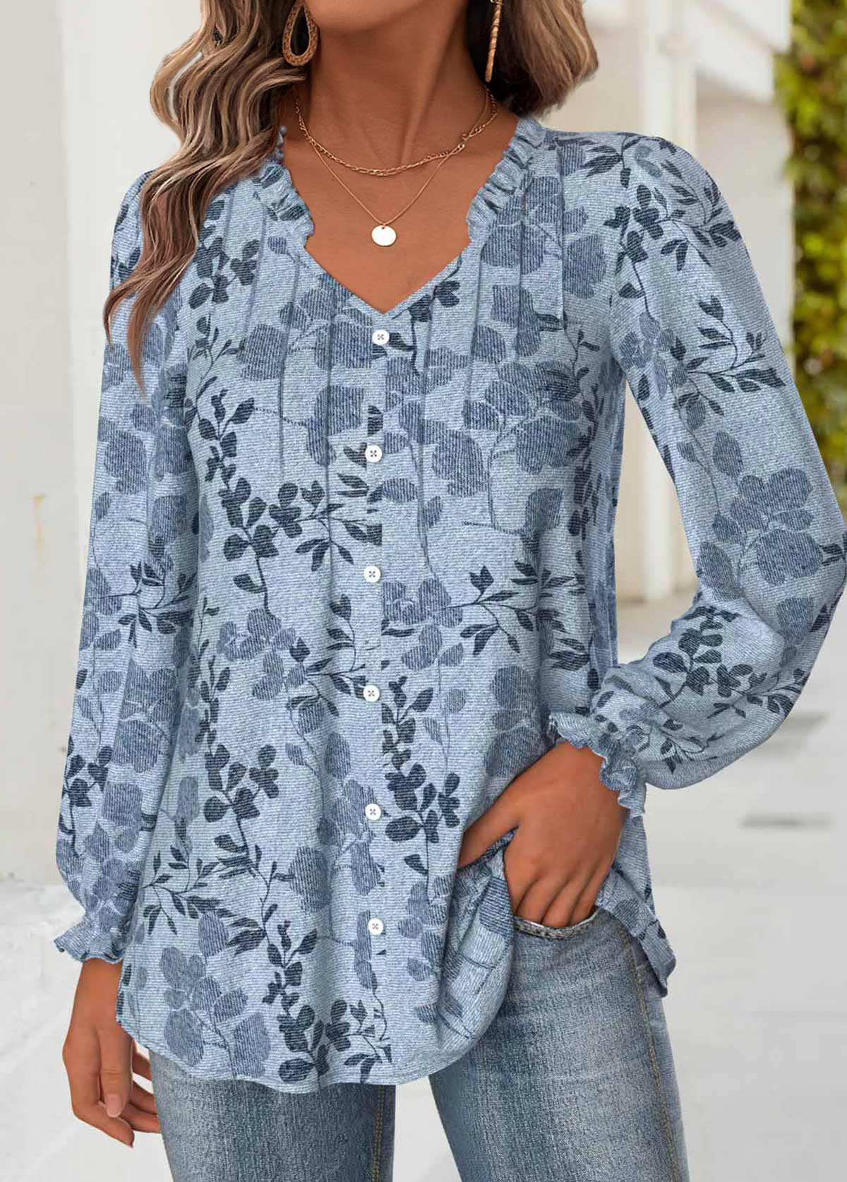 Denim Blue Tummy Coverage Leaf Print Long Sleeve Blouse | picture 