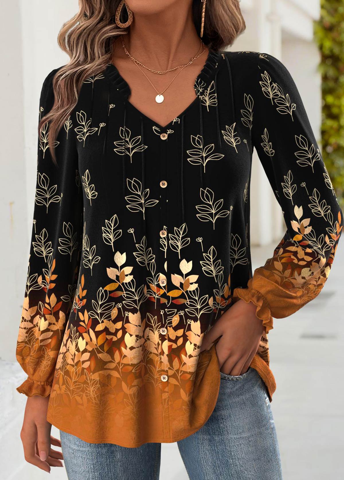 Black Tummy Coverage Leaf Print Long Sleeve Blouse | picture 