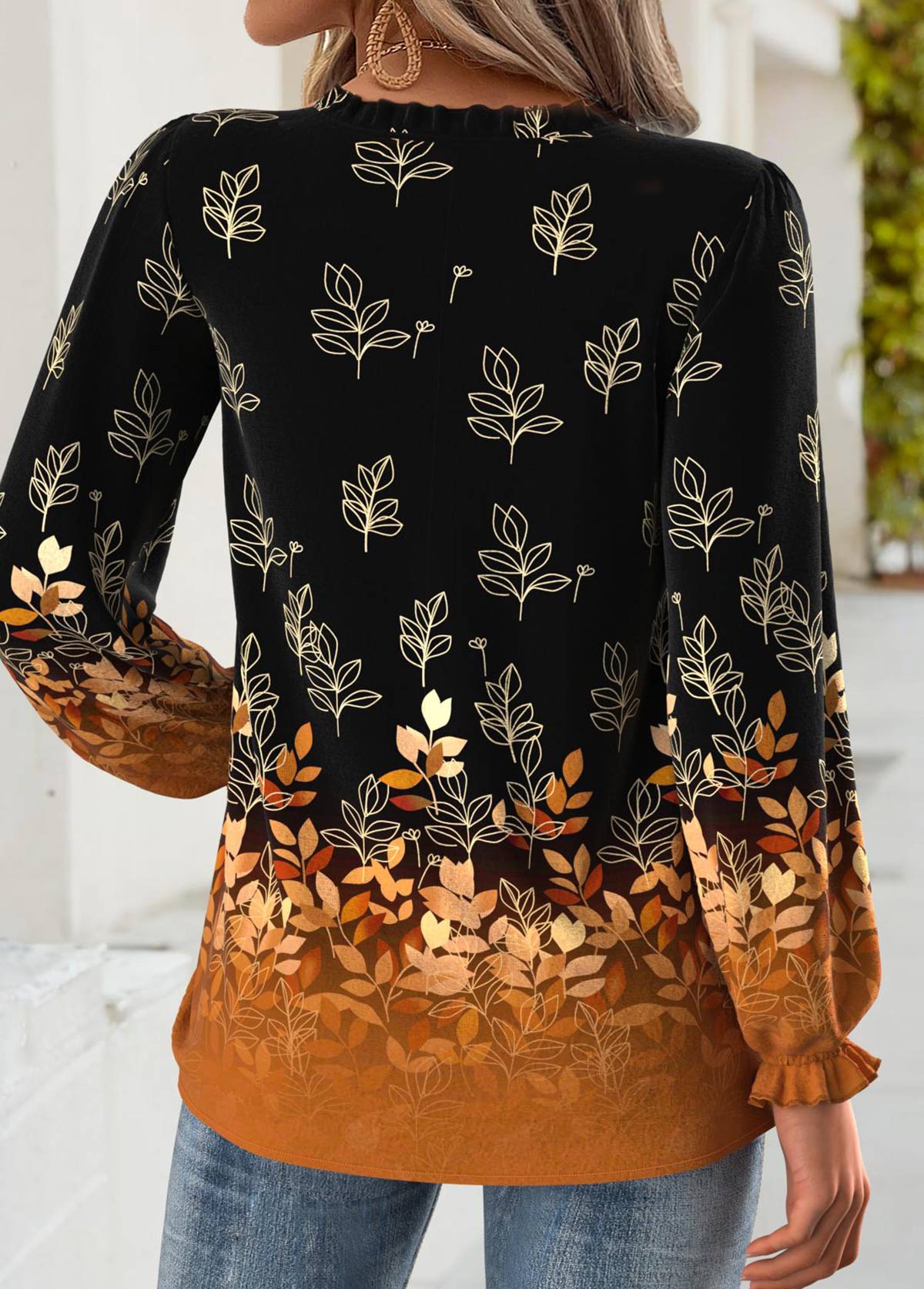Black Tummy Coverage Leaf Print Long Sleeve Blouse | picture 