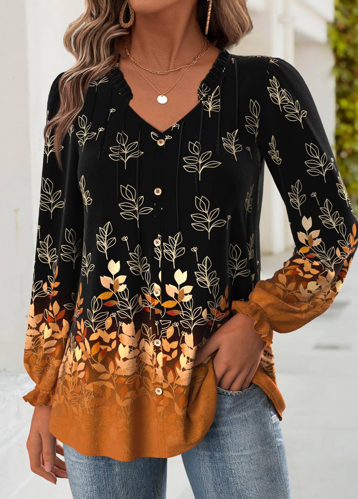 Black Tummy Coverage Leaf Print Long Sleeve Blouse | picture 