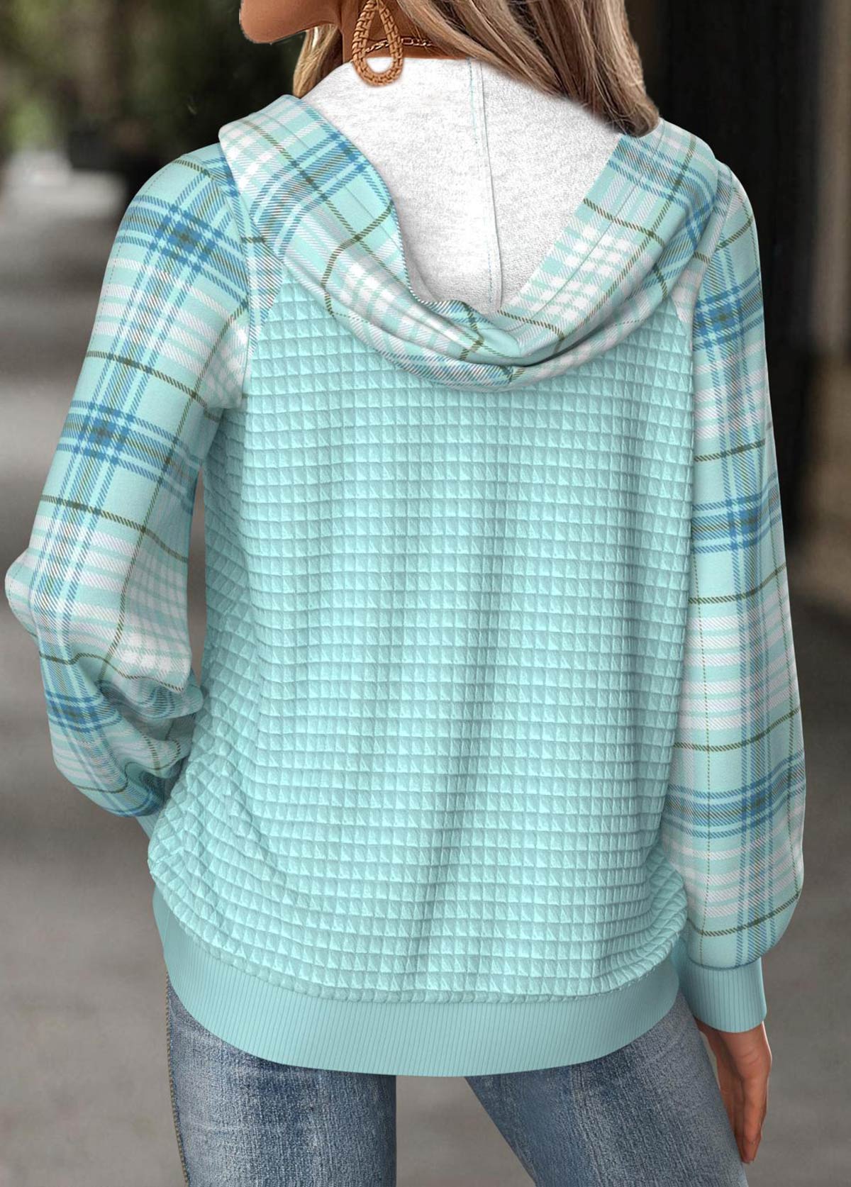 Mint Green Tummy Coverage Plaid Long Sleeve Hoodie | picture 