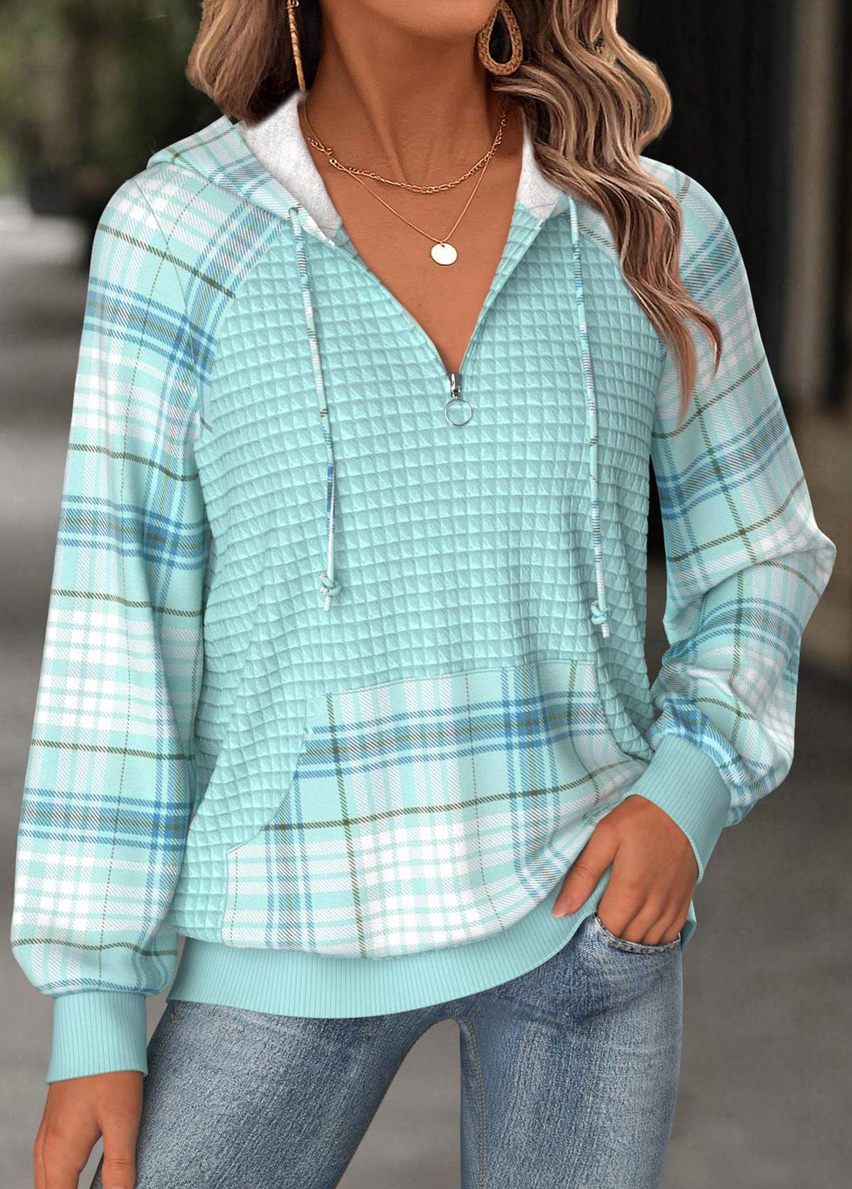 Mint Green Tummy Coverage Plaid Long Sleeve Hoodie | picture 
