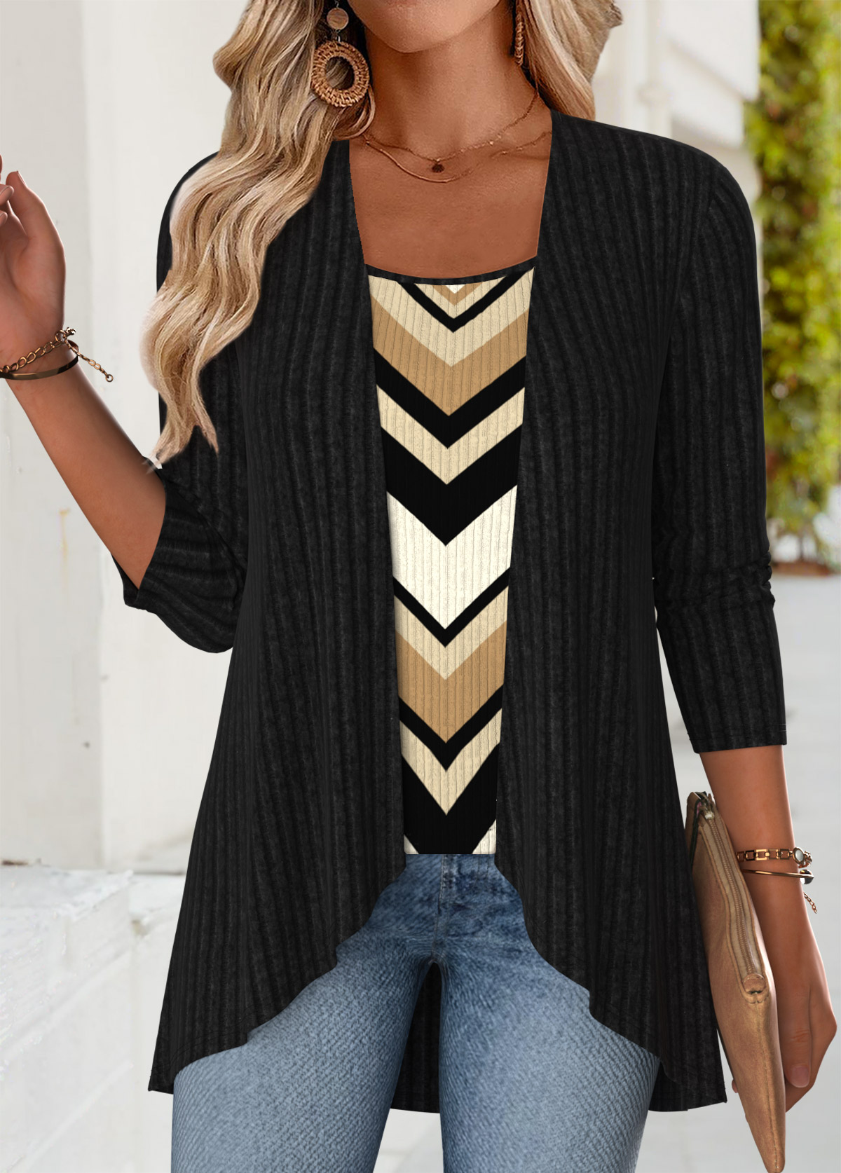 Black Tummy Coverage Geometric Print Fake Two Piece Twinset | picture 