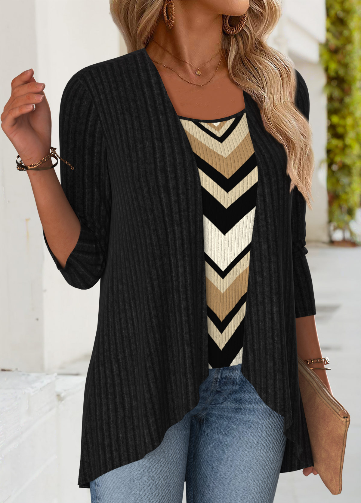 Black Tummy Coverage Geometric Print Fake Two Piece Twinset | picture 